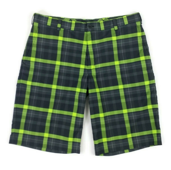 Nike Dri Fit Black Neon Green Plaid Slim Fit Golf Shorts Mens 36 NWOT - Picture 1 of 12